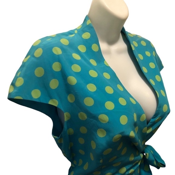 VTG Spenser Jeremy Petites200% Silk Wrap Dress Sz.10 Turquoise Green Polka Dot - Picture 7 of 9